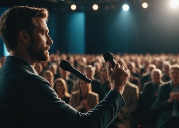 Confident speaker on stage, audience clapping enthusiastically