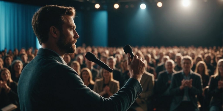 Confident speaker on stage, audience clapping enthusiastically