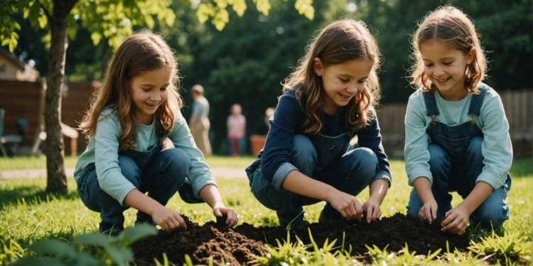 Kids happily planting trees in a sunny garden