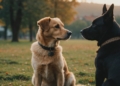 Calm dog with owner, peaceful background, no aggression