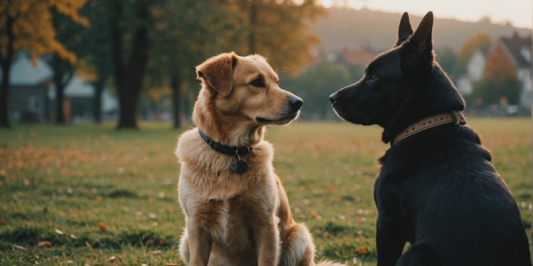 Calm dog with owner, peaceful background, no aggression