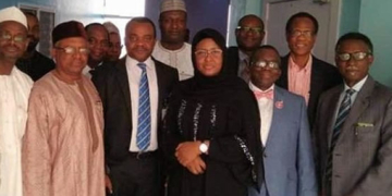 Aisha Buhari, team of doctors and presidential delegates at the hospital where Yusuf Buhari is being treated