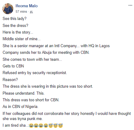 Outrage as woman is refused entrance into Central Bank of Nigeria, Abuja for wearing this...