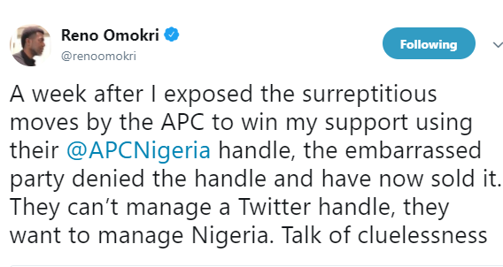 APC can?t manage a twitter handle, they want to manage Nigeria, talk of cluelessness - Reno Omokri