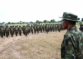 President Muhammadu Buhari spending time with troops of HQ 1 Brigade, to mark the Nigerian Army Day"