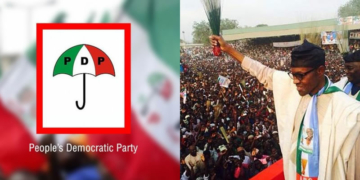 PDP Logo, President Muhammadu Buhari during APC campaign