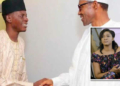 Buhari and aide, Bashir Ahmaad, INSET: nollywood Actress Omotola Jalade-Ekeinde