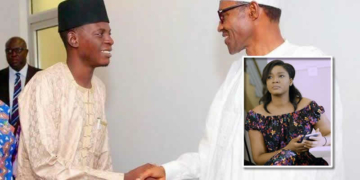 Buhari and aide, Bashir Ahmaad, INSET: nollywood Actress Omotola Jalade-Ekeinde