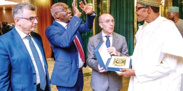 President Muhammadu Buhari (right) with members of the Italian Parliament, Senators Vito Petrocelli (left); Tony Iwobi and Manuel Vescovi during a visit by the delegation to the State House, Abuja…yesterday.