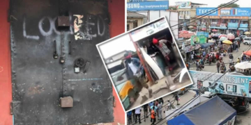 Shops belonging to Nigerians locked in Kumasi, Ghana; INSET: Scene of destruction and looting