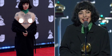 Chilean singer Mon Laferte shows her bare breasts as she goes topless on the Latin Grammys red carpet