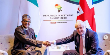 L-R President Muhammadu Buhari, UK Prime minister Boris Johnson