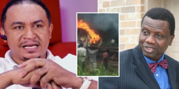 Daddy Freeze, Pastor Adeboye; INSET: Scene of fire incident