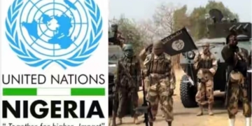 L-R United Nation's logo, depict of Boko Haram terorrists