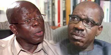 L-R National Chairman of APC, Adams Oshiomole, Edo State Governor, Godwin Obaseki