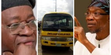 L-R Osun State Governor, Gboyega Oyetola, Depict of Omoluabi Scholar Bus, Minister of Interior, Rauf Aregbesola