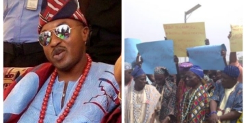 L-R Oluwo of Iwoland, Oba Abdulrasheed Akanbi, chiefs and residents protesting at Govt. office