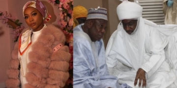 L-R Ganduje's daughter Fatima, Governor Umar Ganduje and deposed Emir Sanusi Lamido Sanusi II