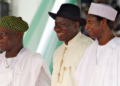 L-R ex-president Olusegun Obasanjo, ex-President Goodluck Jonathan and late Umaru Musa Yar'dua