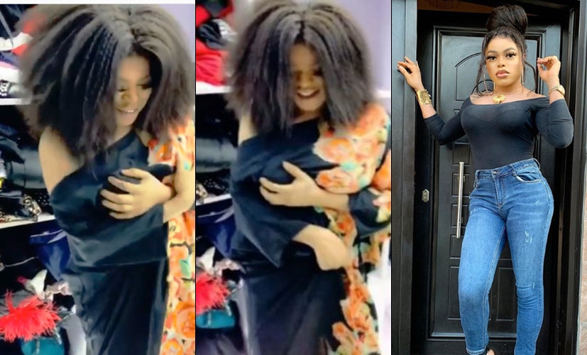 Bobrisky grabs his ‘padded chest’ as they almost fall off the bra in new video