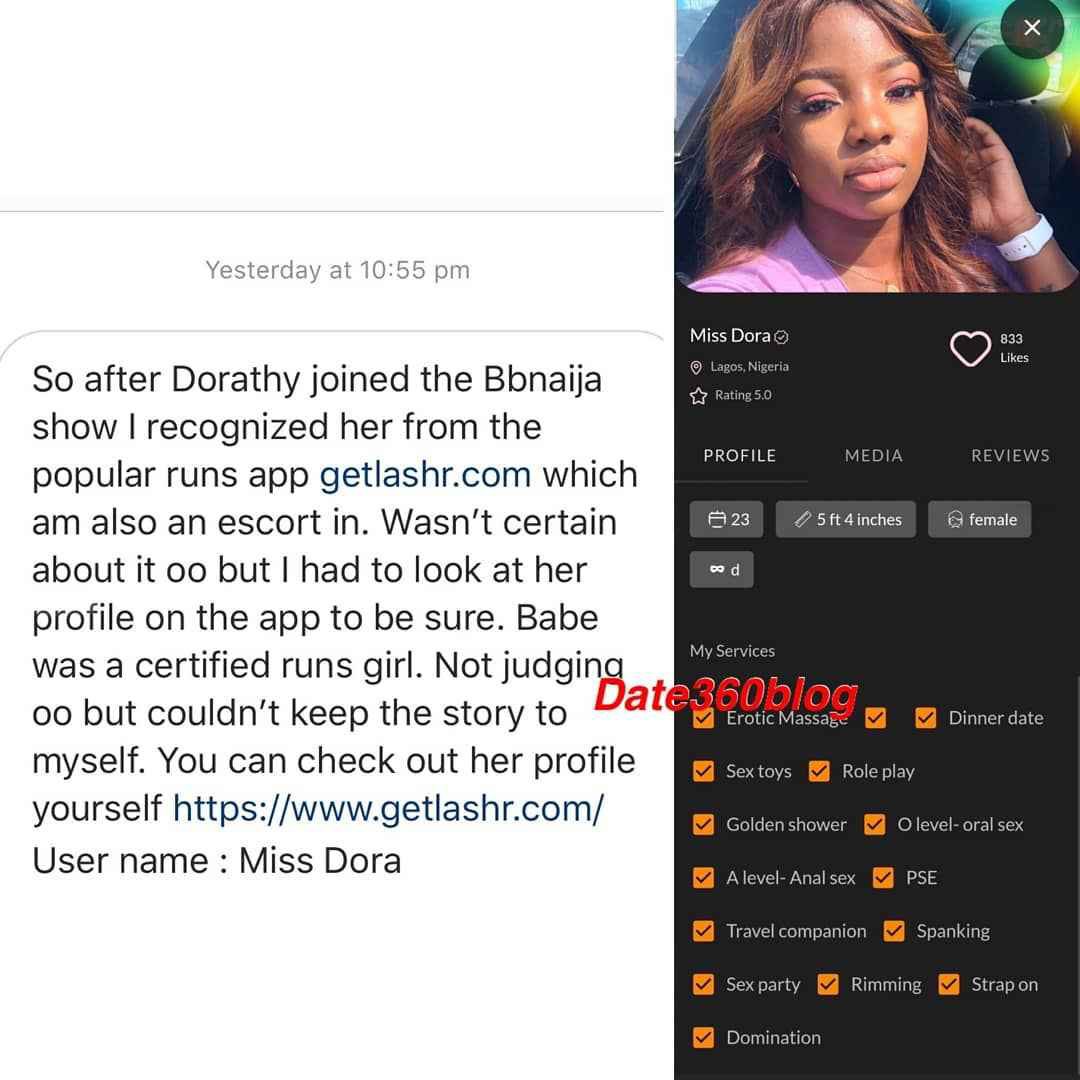 BBNaija: “Dorathy is a certified runs girl” – lady spills secret, shares her profile on a “Runs App” (Screenshot