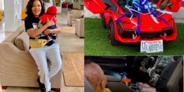 Photos: Toyin Abraham buys her son, Ire a customized car for his first birthday