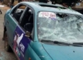 One of the damaged vehicles during the mayhem