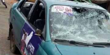 One of the damaged vehicles during the mayhem